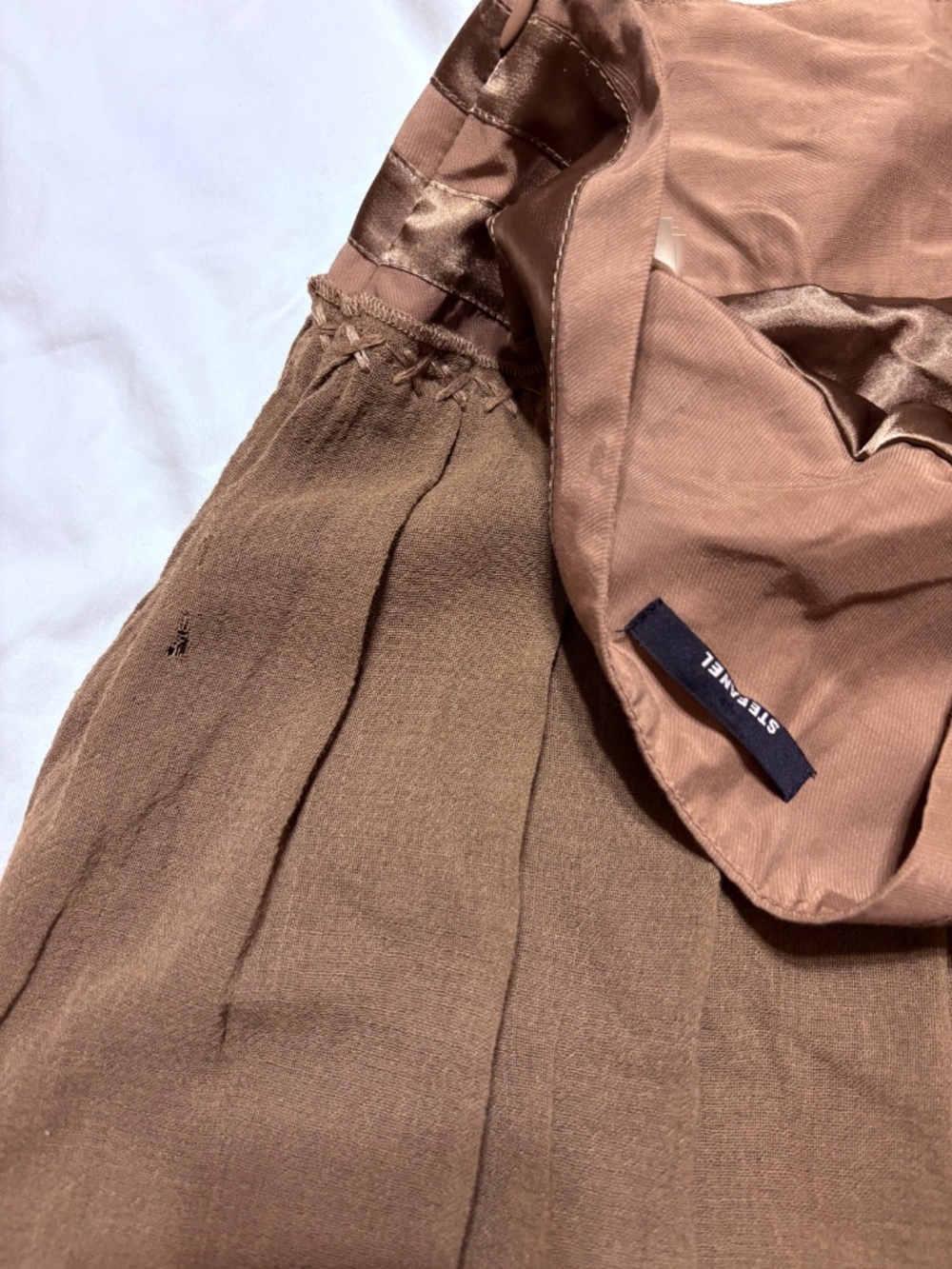 Designer Vintage 2002 Stefanel Brown Satin Trim Pleated Midi Skirt Size 6 - Picture 8 of 10